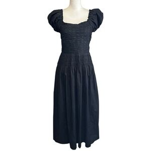 Caroline Constas Black Smocked Maxi Dress Puff Sleeve Shirred Cotton‎ Midi Sz M